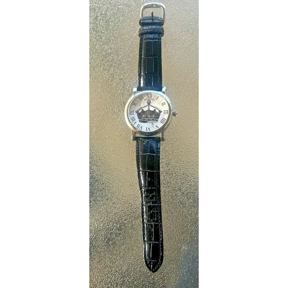 Juicy Couture Watch Womens Crown Crystal Dial Black Leather Y2K New Battery